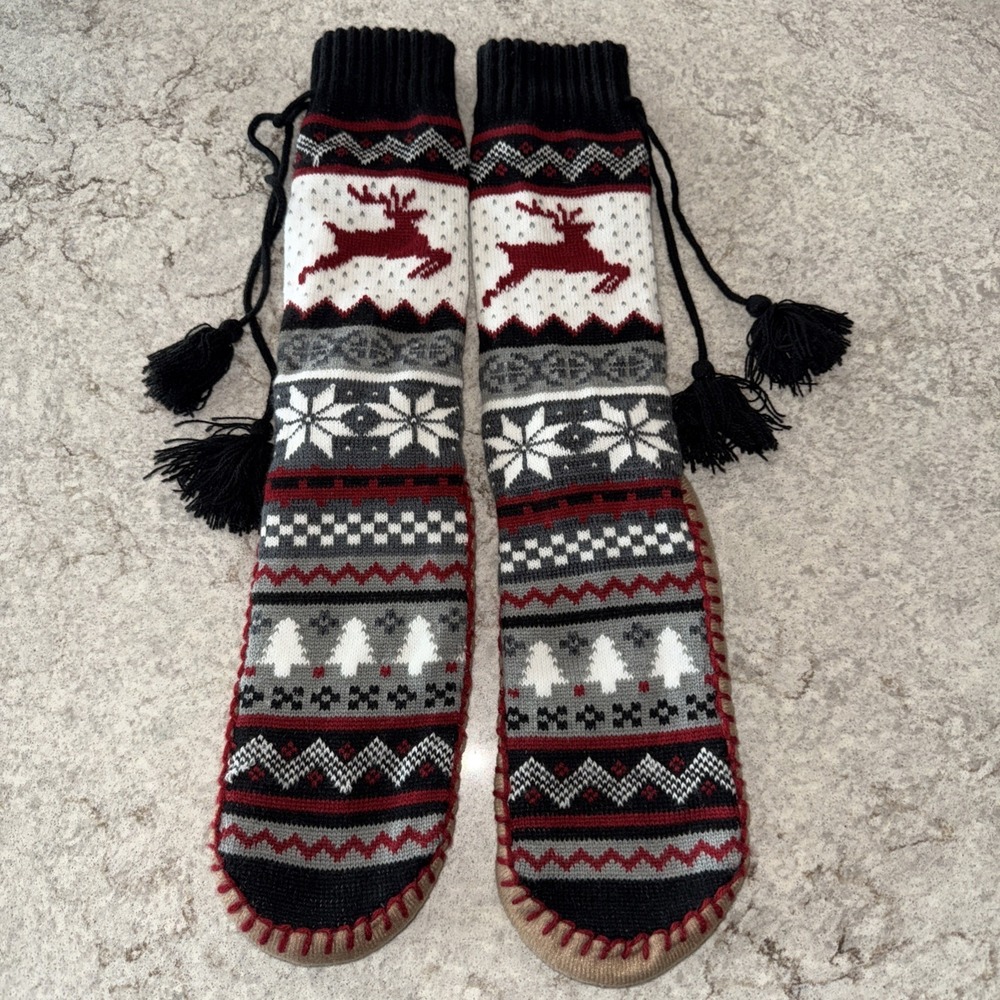 Womens Thick Knit Slipper Socks High Christmas Trees Reindeer Snowflakes Pom Pom - Picture 2 of 10